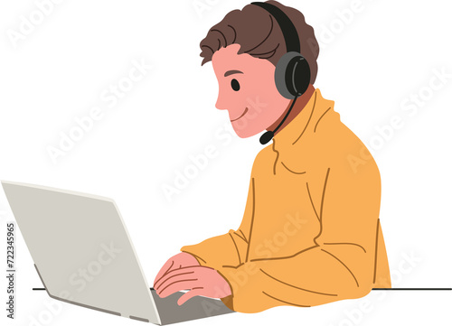 Male call center or support employee with headphone working with computer in the office illustration