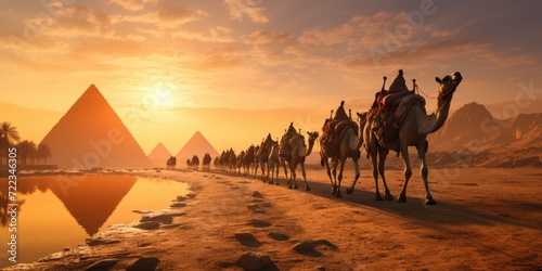 A caravan of camels rests in the desert against the backdrop of the red sea and high mountains. ai generated photo