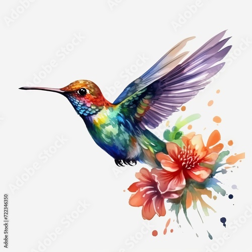 Hummingbird, delicate watercolor illustration, whimsical painting, ultra HD, intricate wing details, hand-painted floral motifs, transparent background, watercolor highlights,clipart © Kaan