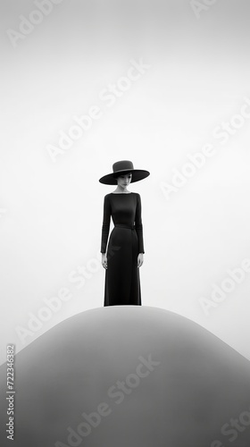 inimalist black and white photography of a woman wearing a weird hat. Epic dream like view. Unrealistic artistic shot. Impossible photo. Structured background. Weird angle shot