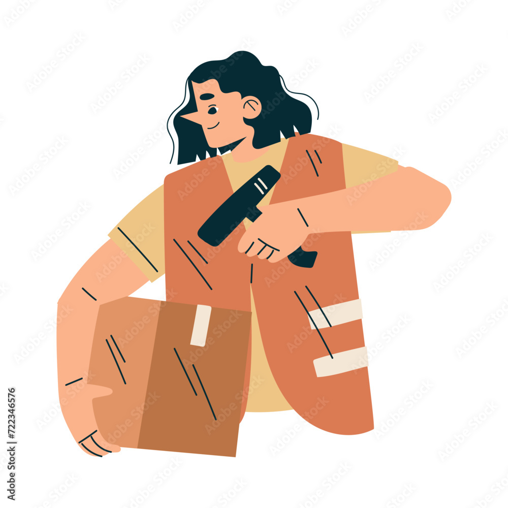 Logistics Service Woman Worker Character in Orange Uniform Scan Carton Container Vector Illustration