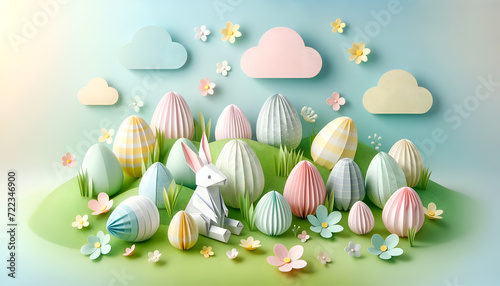 Rabbit and Colorful Easter Eggs, Origami Style