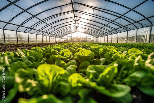 Photo of big agriculture polytunnel film inside, lettuce, low contrast, daylight photo