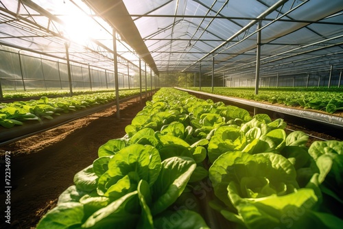 Photo of big agriculture polytunnel film inside, lettuce, low contrast, daylight photo