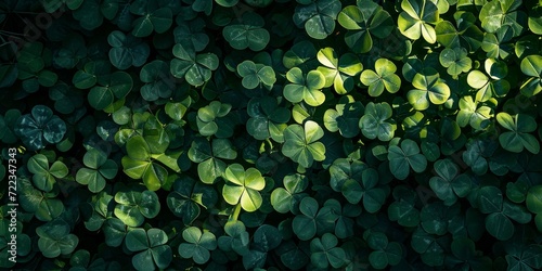 A dense field of clover basking in dappled sunlight, creating a vibrant green background for St. Patrick's Day