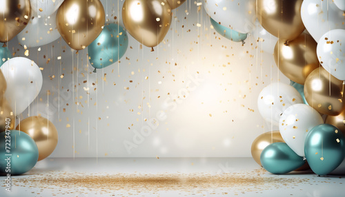 on stage there are white, turquoise and gold balloons on a background of gold sparkles and confetti, festive atmosphere, wallpaper, screensaver photo