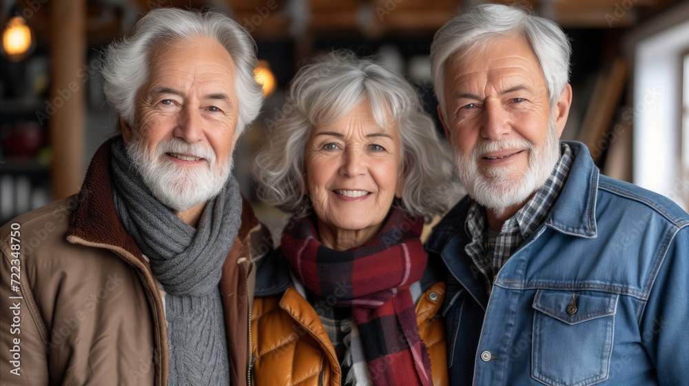 Smiling Senior Trio Enjoying a Reunion Indoors