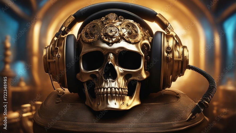 skull in the dark Steampunk skull train , Skull wearing headphones background detailed high contrast skull in the dark Steampunk skull train , Skull wearing headphones background detailed high contrast