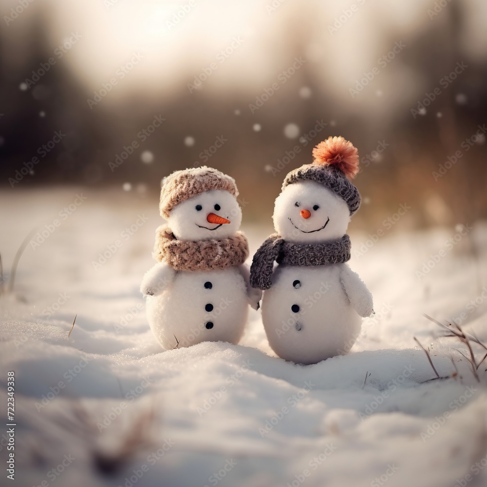 Two little snowmen in the snow, lovely, hugging, realistic, photography, atmosphere, clear, boundless snow Two little snowmen in the snow, lovely, hugging, realistic, photography, atmosphere, clear, boundless snow