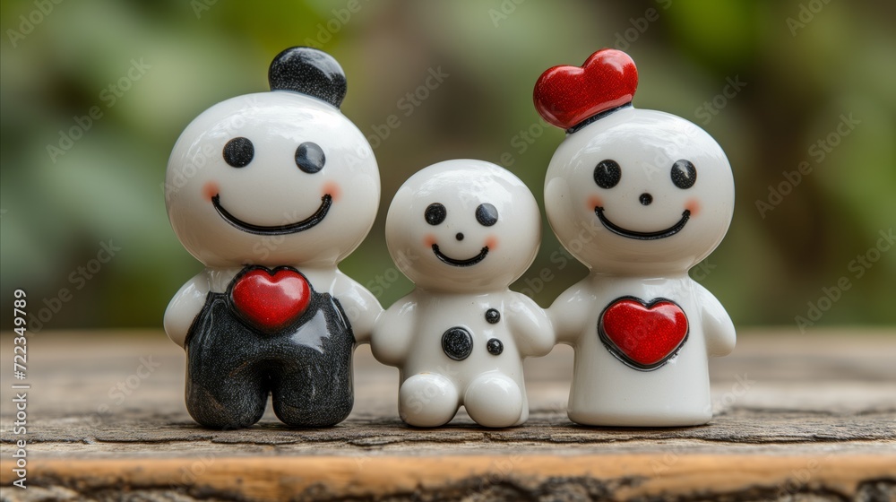 Trio of Smiling Cartoon Figurines With Hearts on Wooden Surface Trio of Smiling Cartoon Figurines With Hearts on Wooden Surface