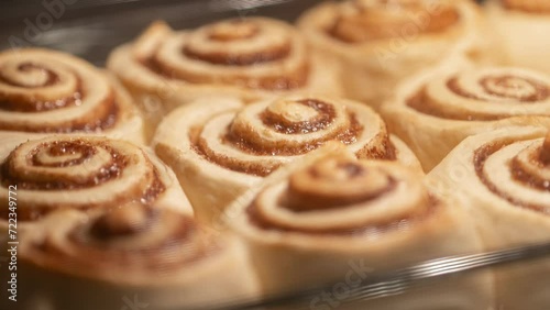 Timelapse of baking cinnamon rolls in the oven until golden brown. Making homemade Cinnabons. Baking raw pastry dough with sugar and cinnamon in the oven until fully cooked. Freshly baked buns. photo