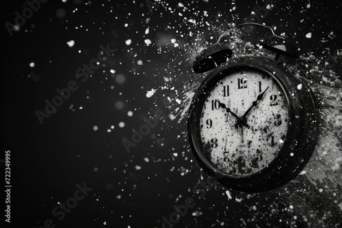 The concept of "Time is running out" is depicted through an image of a black and white wall clock disintegrating into minute particles.