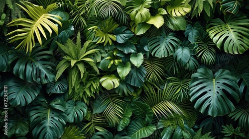 A backdrop of tropical plants in full green, in the style of moody monotones. Generative AI.