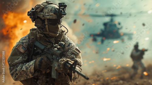 A marine soldier in combat, utilizing tactical HUD for battlefield awareness, amidst a high-stakes military scenario Created Using action-packed military scene, marine in armored gear, immersiv