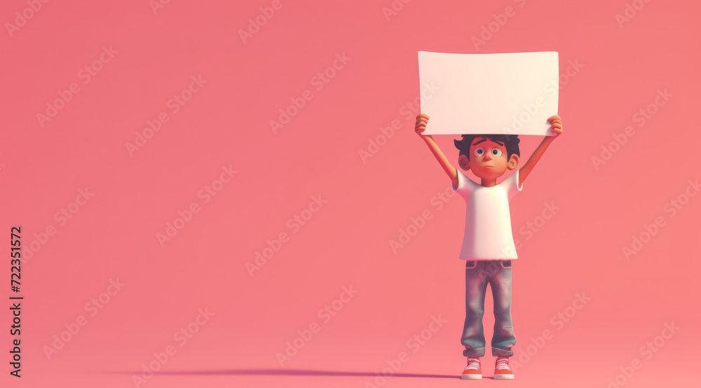 An animated 3D boy with a playful expression, holding up a large blank sign against a pink background. Copy space - obrazy, fototapety, plakaty 