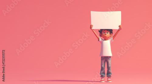 An animated 3D boy with a playful expression, holding up a large blank sign against a pink background. Copy space