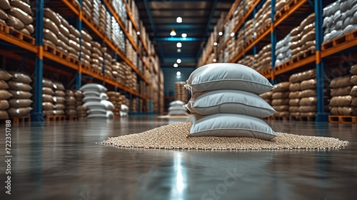 A warehouse with bulk rice bags in a distribution center. Generative AI. photo