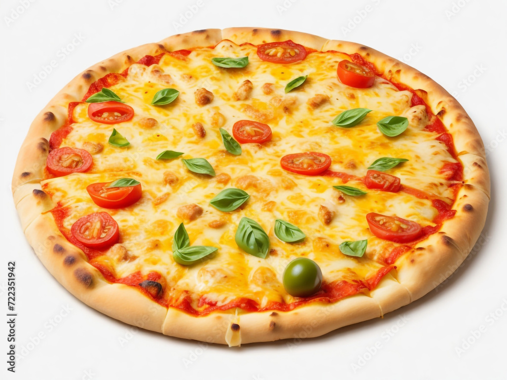 Italian pizza with melted cheese chicken white background