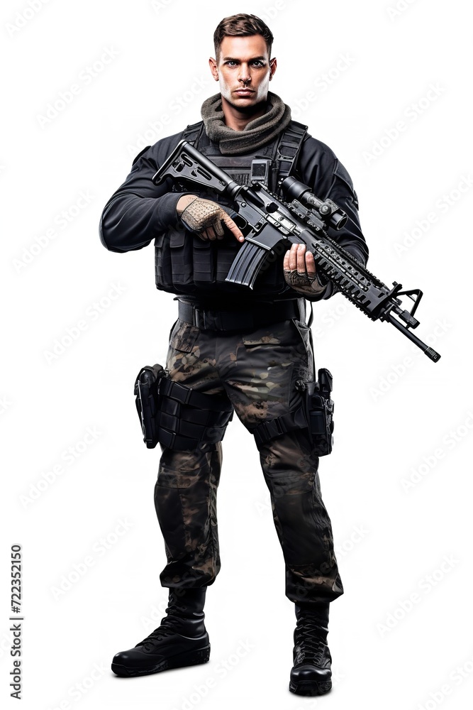 Fototapeta premium Armed Soldier Ready for Action, AI Generated