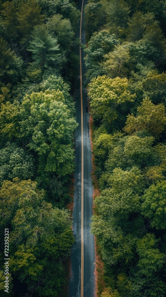 Fototapeta premium A road in green meadows at summer sunny day, Aerial view. Generative AI.