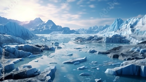 Glacial landscape with cracks and melting ice in sea water at sunset. Concept: climate change, global warming and Arctic research. 