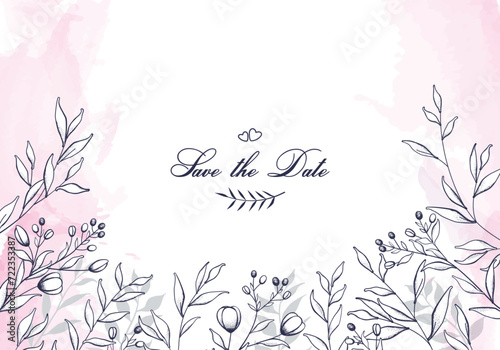 Blue flowers and twigs on a gentle watercolor background. Card, template for the invitation.  Invitation to a wedding or other holiday. Blue plants on a white background. Vector illustration.