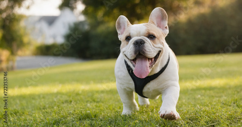 A charming French Bulldog enjoys a sunny day in the garden, its black and white coat contrasting against the lush green grass.