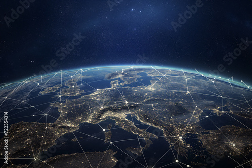 Planet Europe at night showcasing city lights, representing global connectivity, energy, and civilization.

 photo