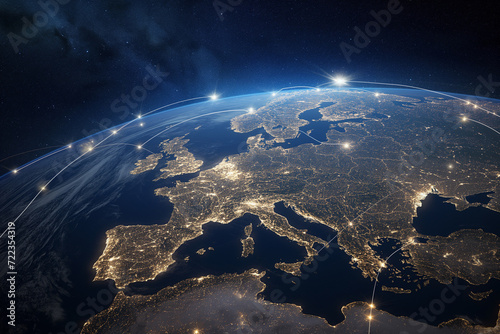 Planet Europe at night showcasing city lights, representing global connectivity, energy, and civilization.