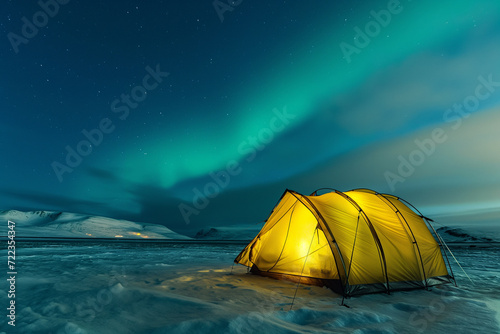 A solitary tent glows warmly beneath the majestic Northern Lights, offering a surreal experience in the snowy wilderness.