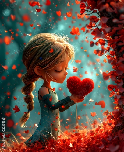 Valentines. Girl with a heart. A romantic girl holds in her hands a heart made from many small hearts. AI generated.