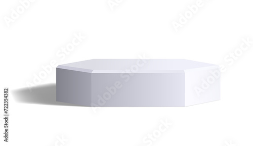 Empty white hexagon shaped podium isolated on white. Realistic monochrome low studio platform with light reflections and shadow in 3D style. Blank vector template for product presentation.