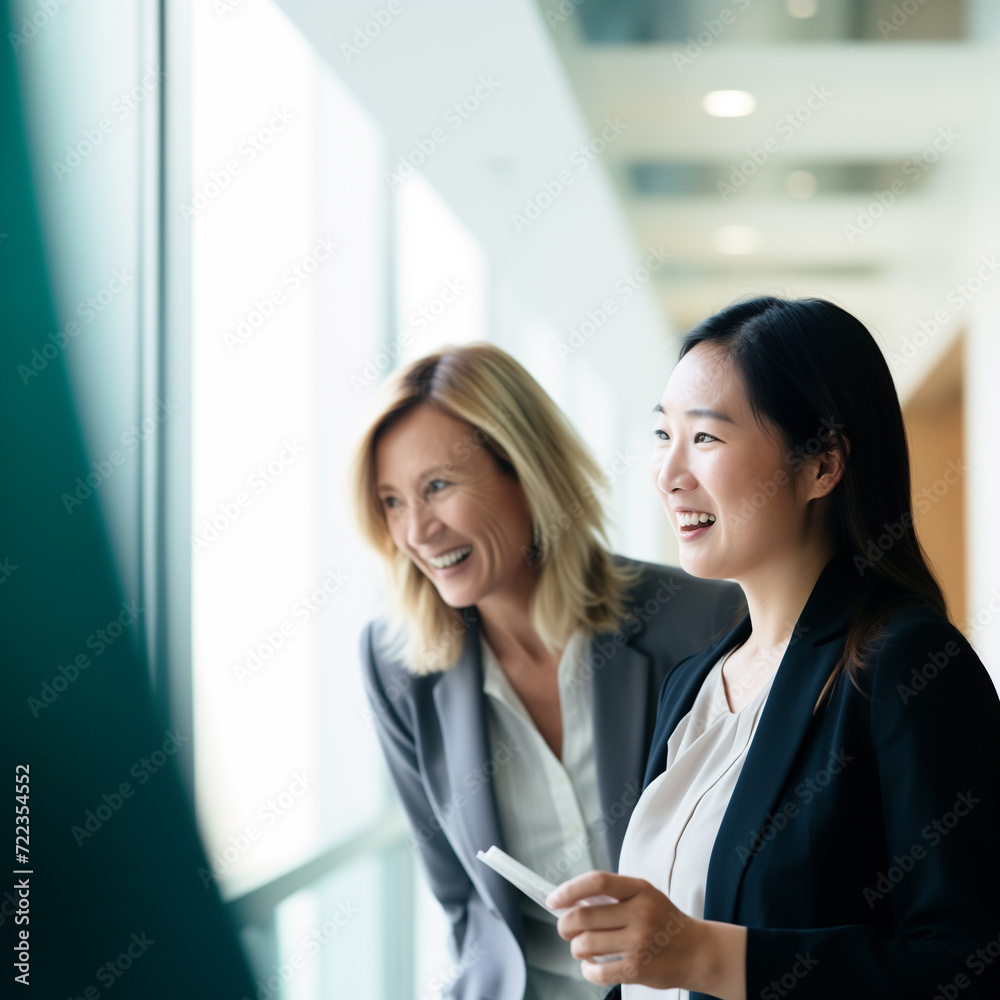 Obraz premium Asian and Caucasian businesswomen engaging in a friendly, professional conversation in a corporate office hallway.