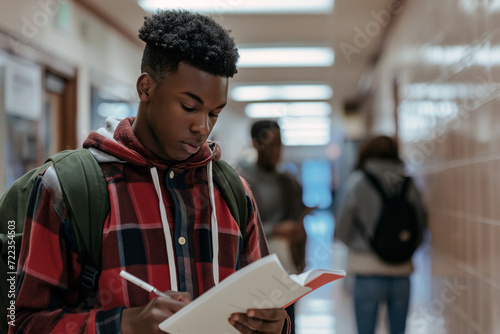 African American male student focused on reading his notes in a busy high school hallway, dedicated to learning.