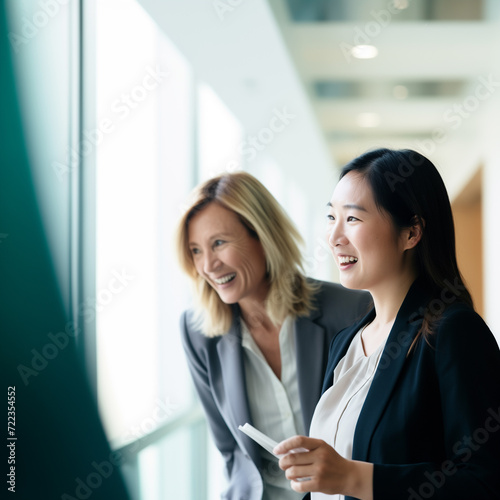 Asian and Caucasian businesswomen engaging in a friendly, professional conversation in a corporate office hallway.