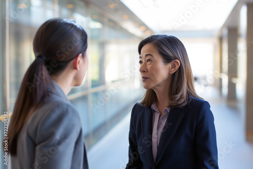 Two professional Asian women engaged in a serious business conversation in a corporate setting, reflecting leadership and collaboration
