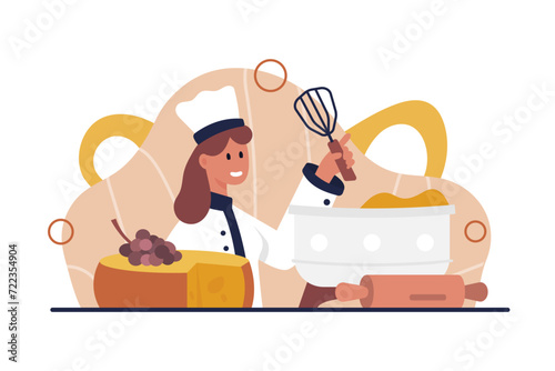 Cheese production by professional cheesemaker. Cheesemonger making dairy product on factory facility, woman holding chefs tool to mix and control industrial process cartoon vector illustration photo