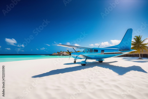 Sea plane at tropical beach resort. Landing Seaplane. Airplane flying over blue sea as a travel concept with copy space photo