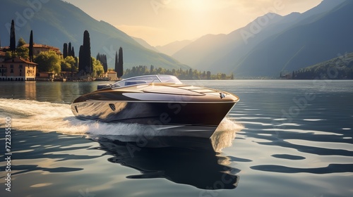 Elegant Riva Boat Gliding on Serene Lake - AI Generated photo