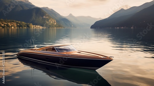 Elegant Riva Boat Gliding on Serene Lake - AI Generated