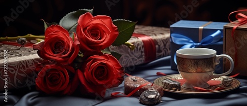 a cup of tea with beautiful red rose for indicating love, valentine's day gift