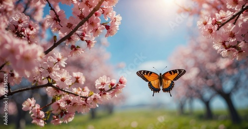 Spring banner Pink blossom, flying butterfly