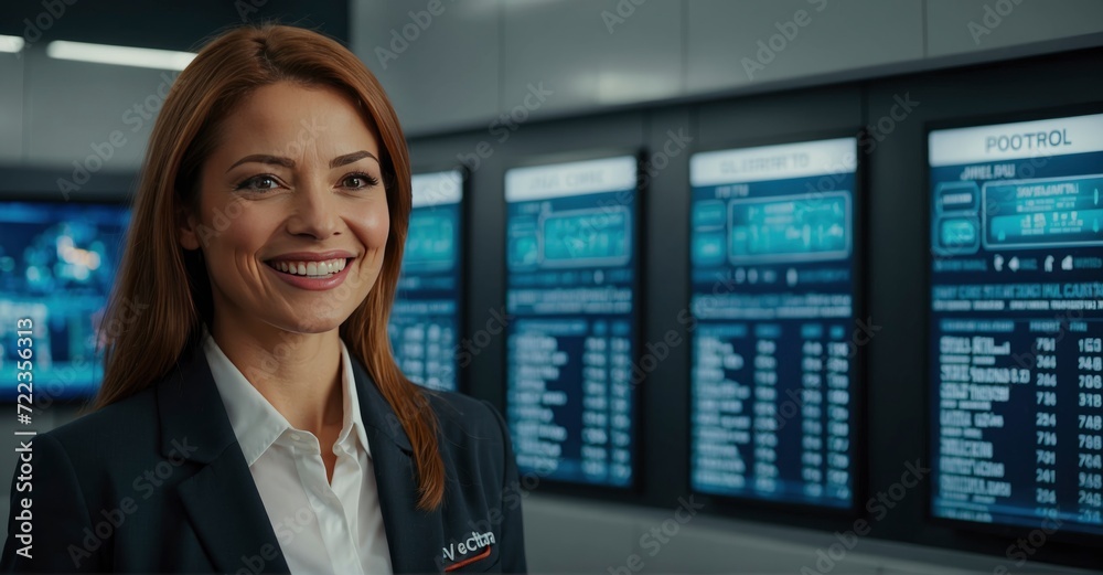 Fototapeta premium Station smiles Happy professional in front of info board, looking at camera