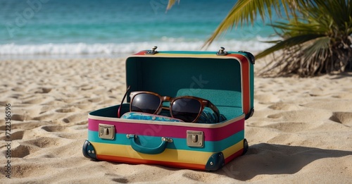 Tropical retreat Travel suitcase  sunglasses  beach pillows banner