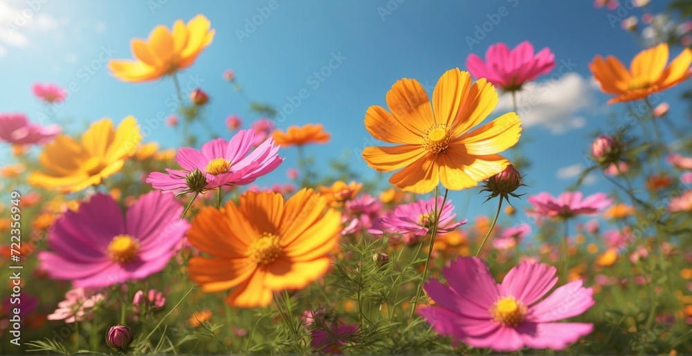 Vibrant blooms Yellow, pink, and orange cosmos in sunny field