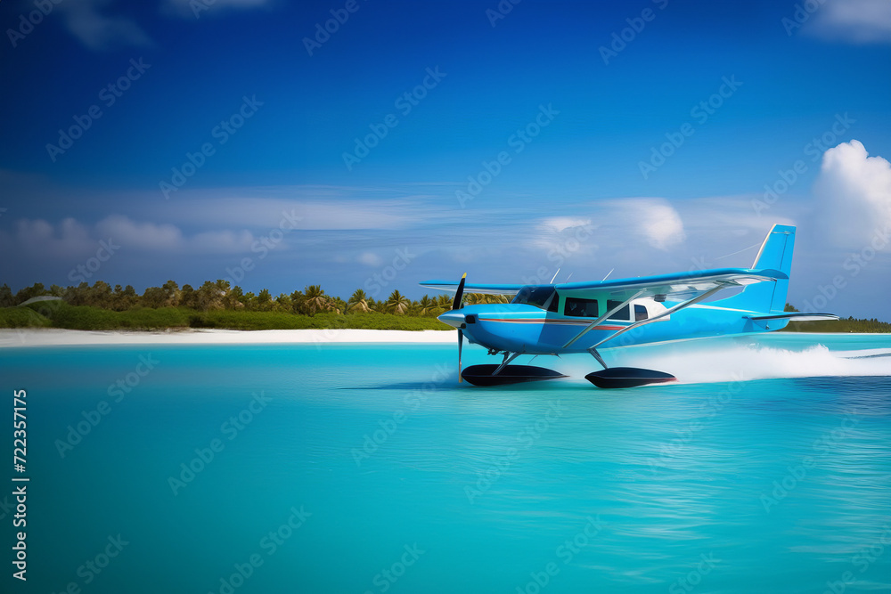 Sea plane at tropical beach resort. Landing Seaplane. Airplane flying over blue sea as a travel concept with copy space