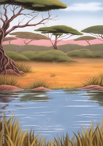 Lake in the African Savannah. Oasis with blue water and plants in African desert. Children's book illustration in cartoon style.