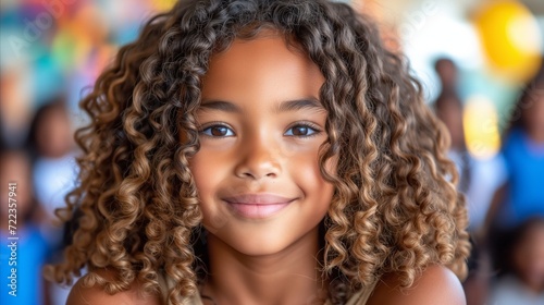 Smiling Young Girl With Curly Hair Indoors photo