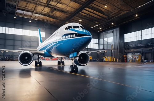 Passenger airplane on maintenance of engine and fuselage check repair in airport hangar. Inside aerospace hangar. Large passenger aircraft on service in an aviation hangar