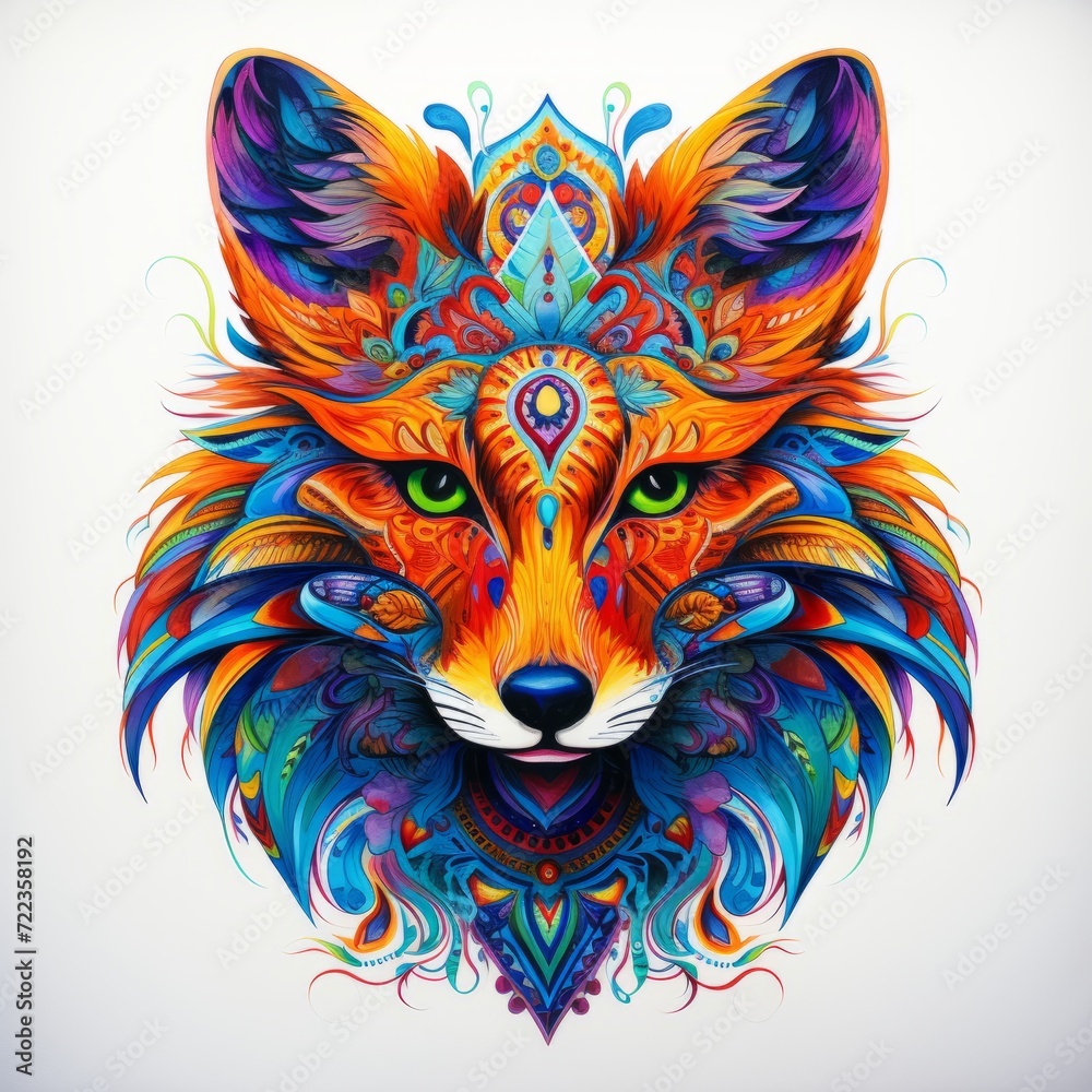 Fox Vivid Ornamental Head Abstract Fantasy Animal God Portrait Bright Artistic Mystique Colorful Digital Generated Illustration Artwork
